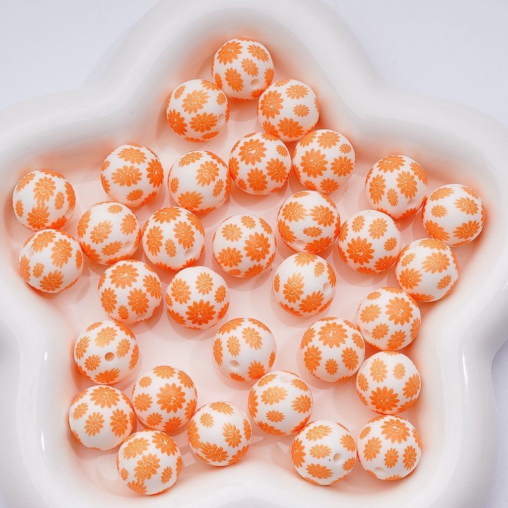 Orange Smile Face Flower Printed Silicone Beads 15MM, Number Z-00252