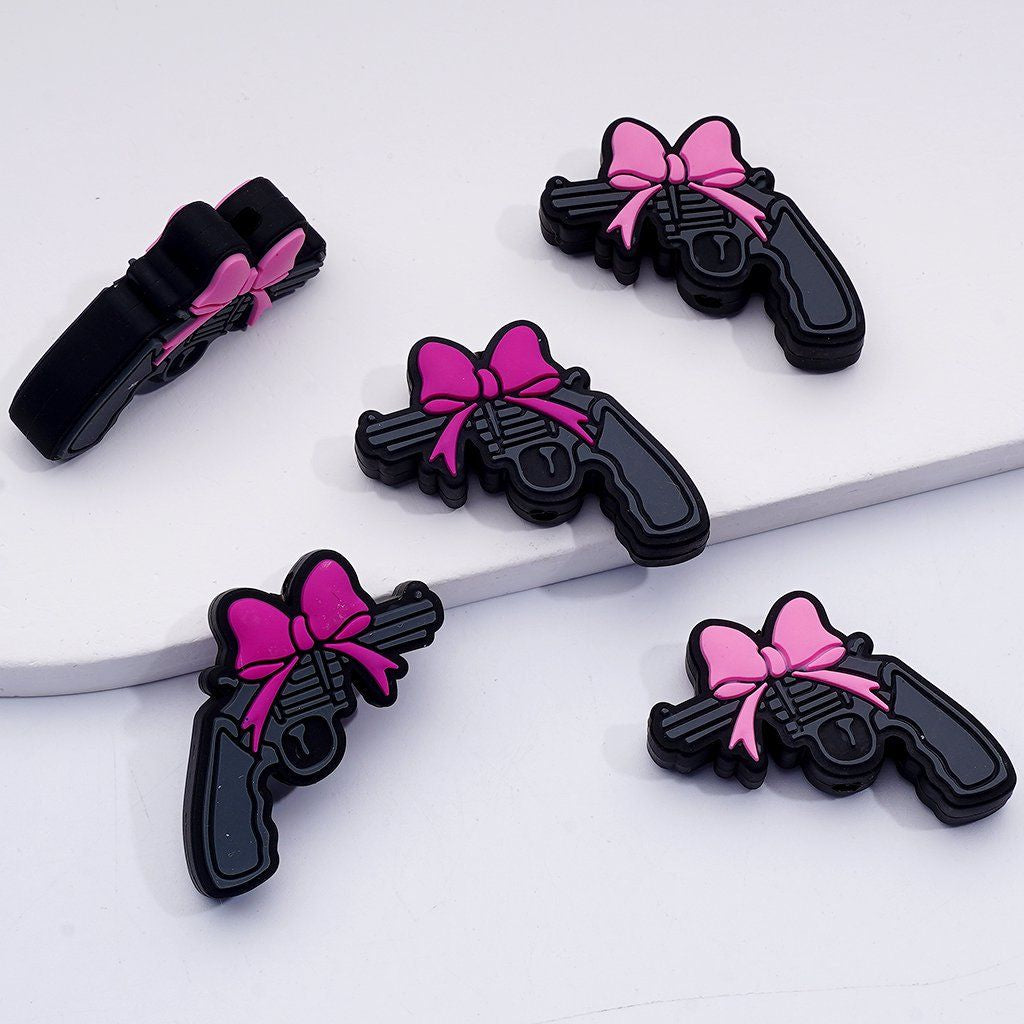 Vivid Gun Pistol with Pink Rose Red Bowknots Silicone Focal Beads
