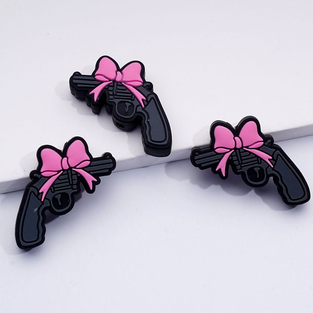 Vivid Gun Pistol with Pink Rose Red Bowknots Silicone Focal Beads
