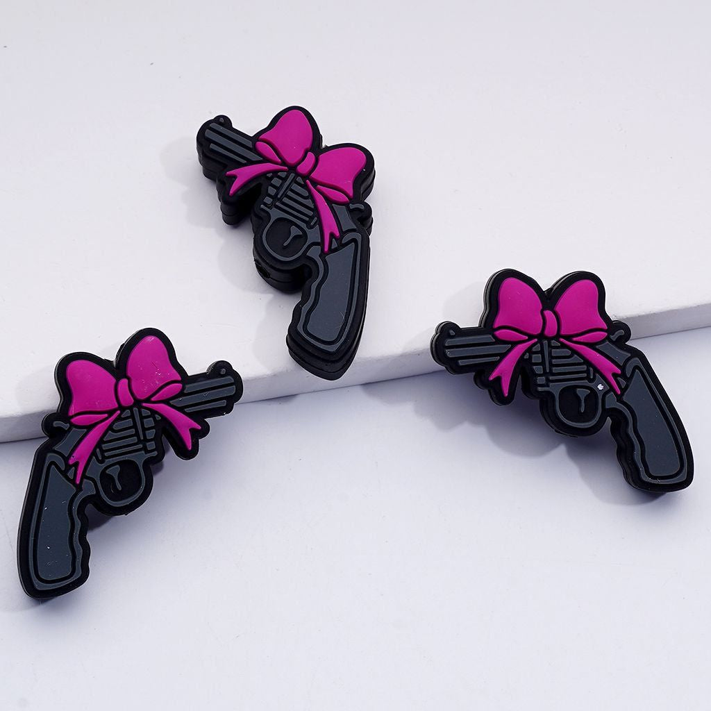 Vivid Gun Pistol with Pink Rose Red Bowknots Silicone Focal Beads