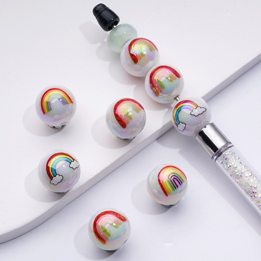 UV Coating Cute Colorful Rainbows White Round Acrylic Beads, 16MM, Random Mix