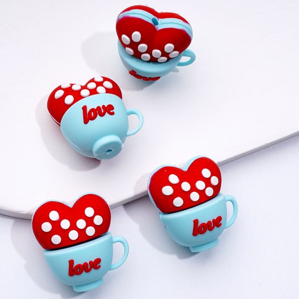 3D Cute Love Cups Red Hearts with White Spots Inside Silicone Focal Beads