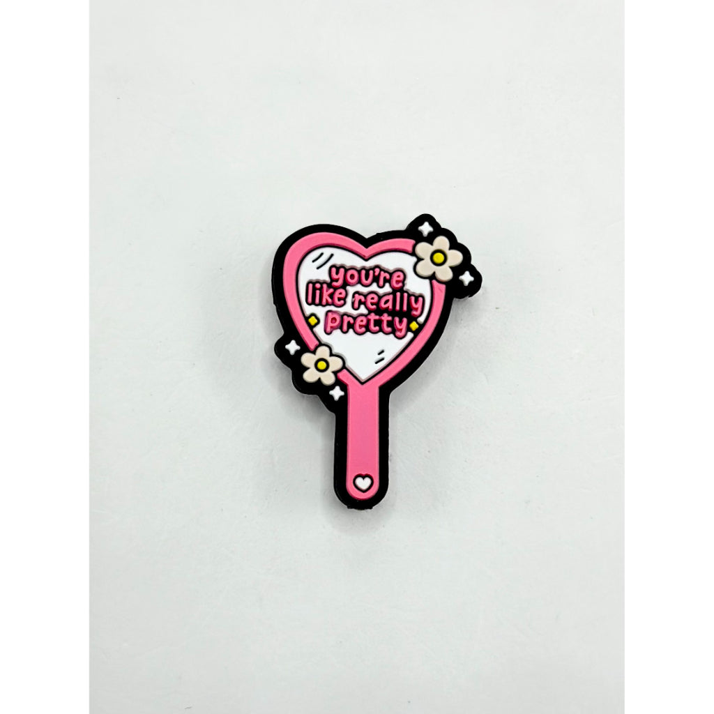 「You're Like Really Pretty」ピンクのハート型ミラー(花柄、シリコン製フォーカルビーズ付き)