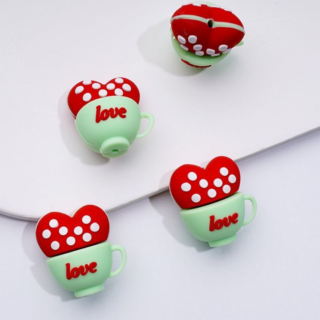 3D Cute Love Cups Red Hearts with White Spots Inside Silicone Focal Beads
