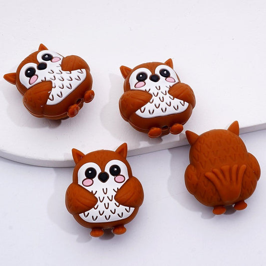 Cute Brown 3D Owl Silicone Focal Beads