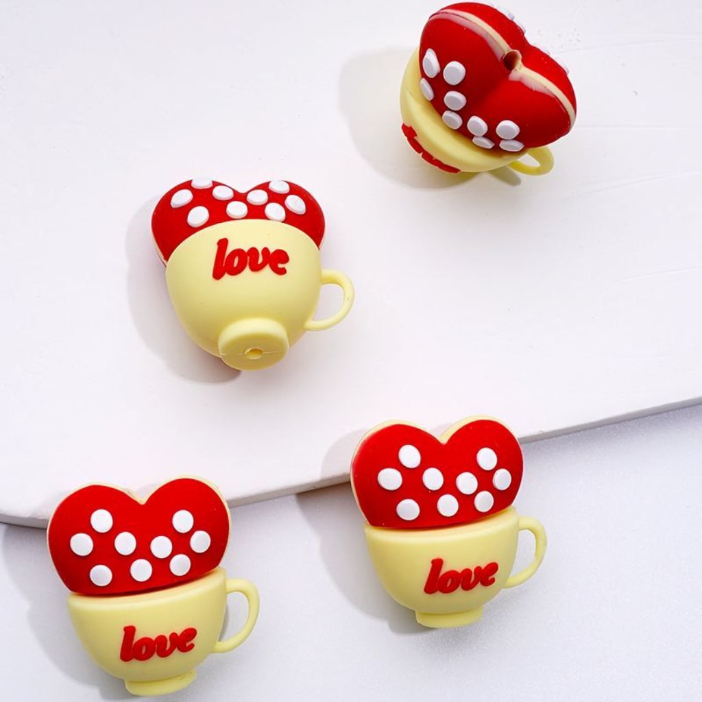 3D Cute Love Cups Red Hearts with White Spots Inside Silicone Focal Beads