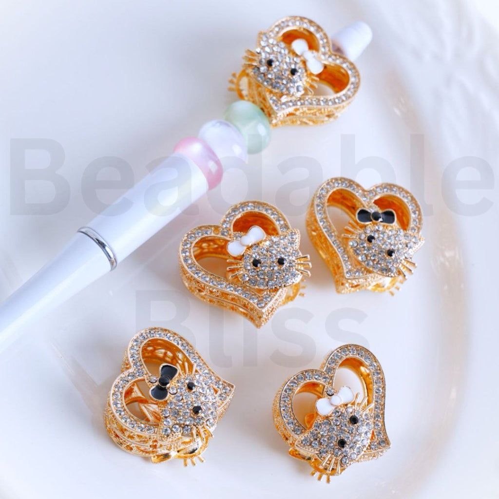 Vivid Cute Gold Alloy Heart HK Kitten with Clear Rhinestones Beads, Around 27*28MM