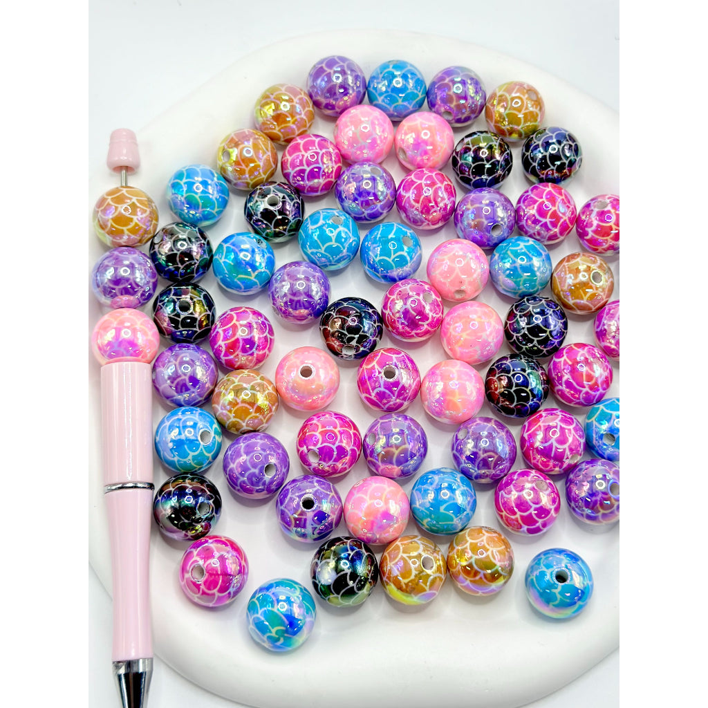 Colorful beaded necklace with a pink holder on a white background