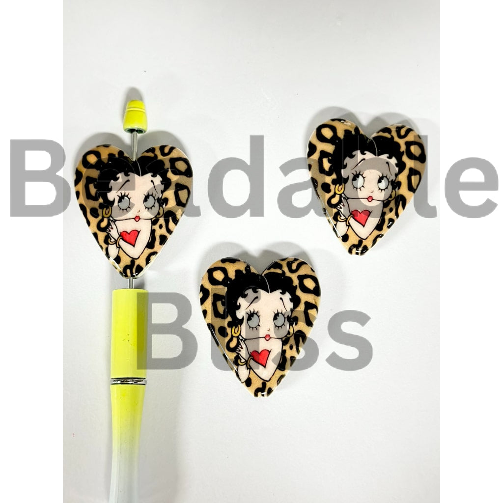 Fashion Girl Boop Babe Jaguar Print Heart Shape Acrylic Beads, 46*40MM