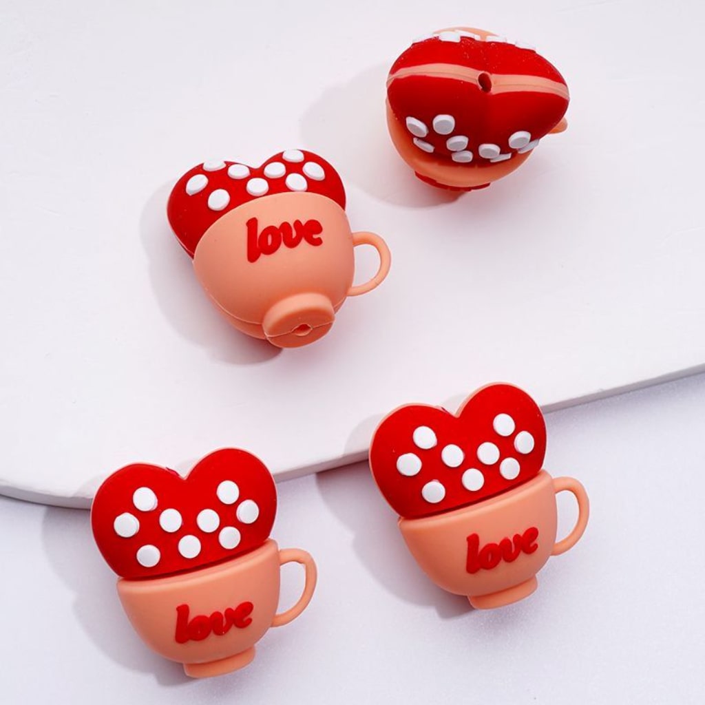 3D Cute Love Cups Red Hearts with White Spots Inside Silicone Focal Beads