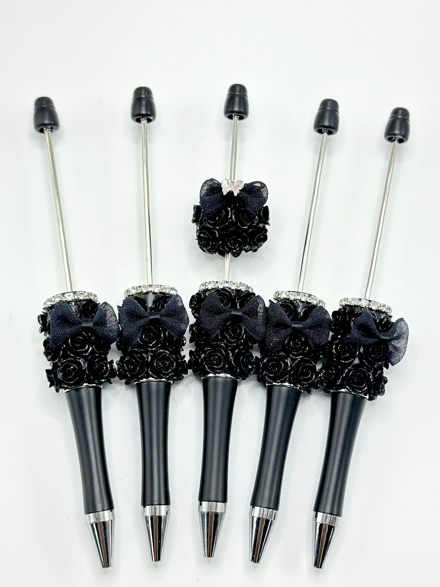 Black Beadable Pens, New Style Black Beadable Pens with Flower Bowtie and Rhinestones