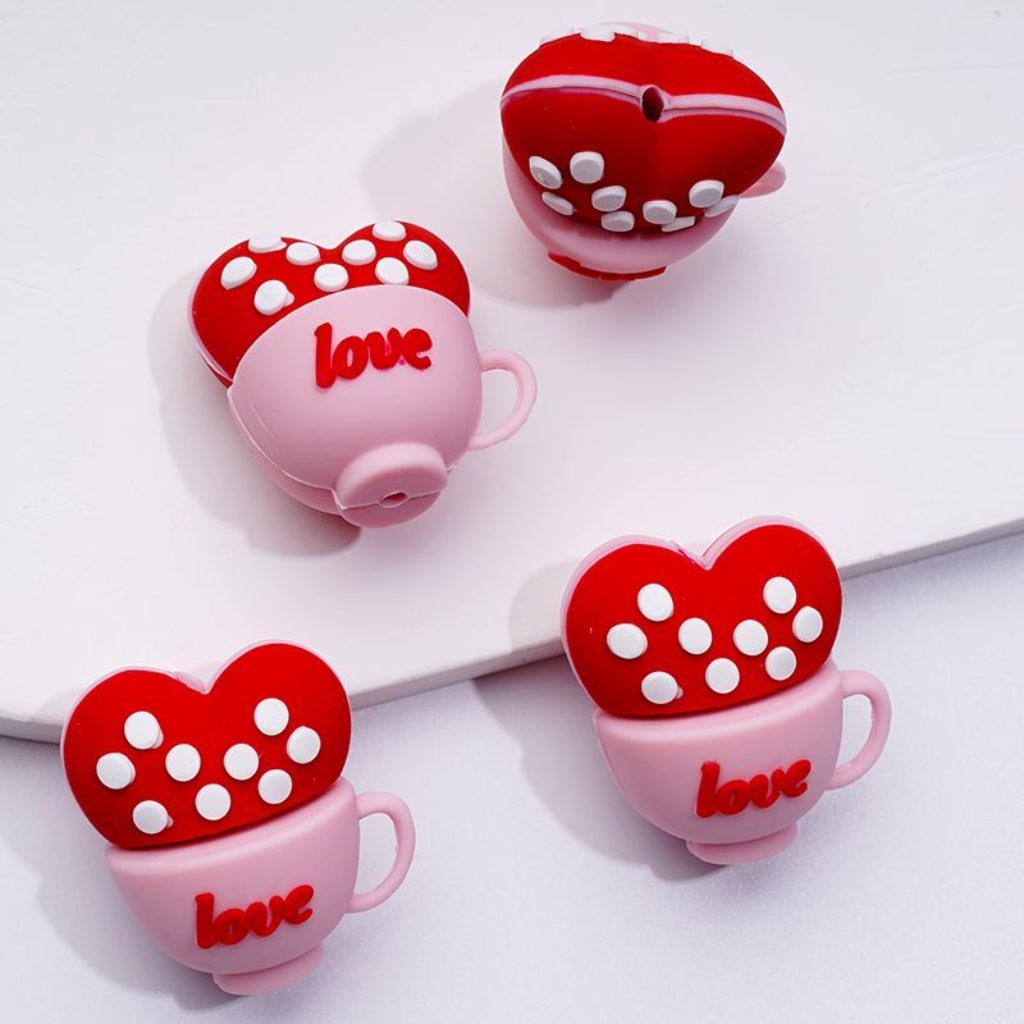3D Cute Love Cups Red Hearts with White Spots Inside Silicone Focal Beads