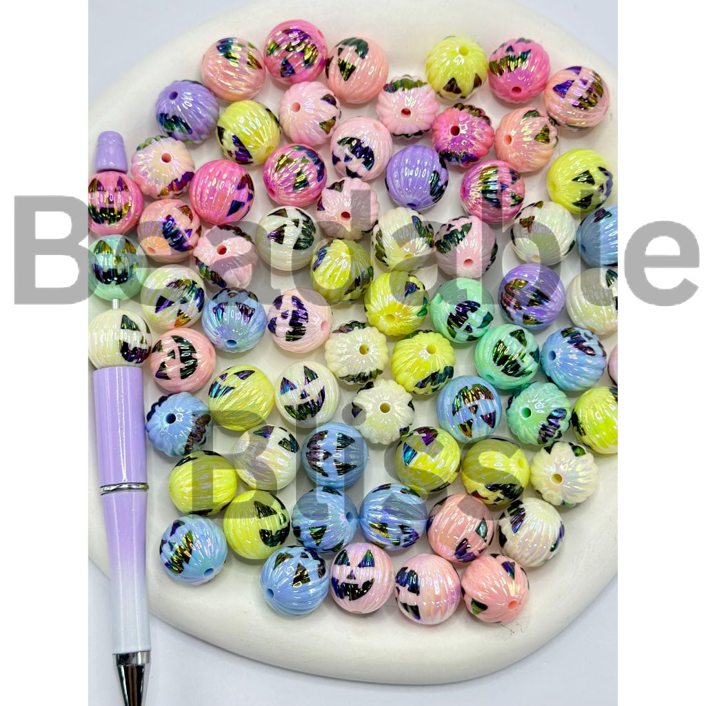 UV Coating Spooky Face Assassin Pumpkin Round Acrylic Beads, Random Mix, 16MM