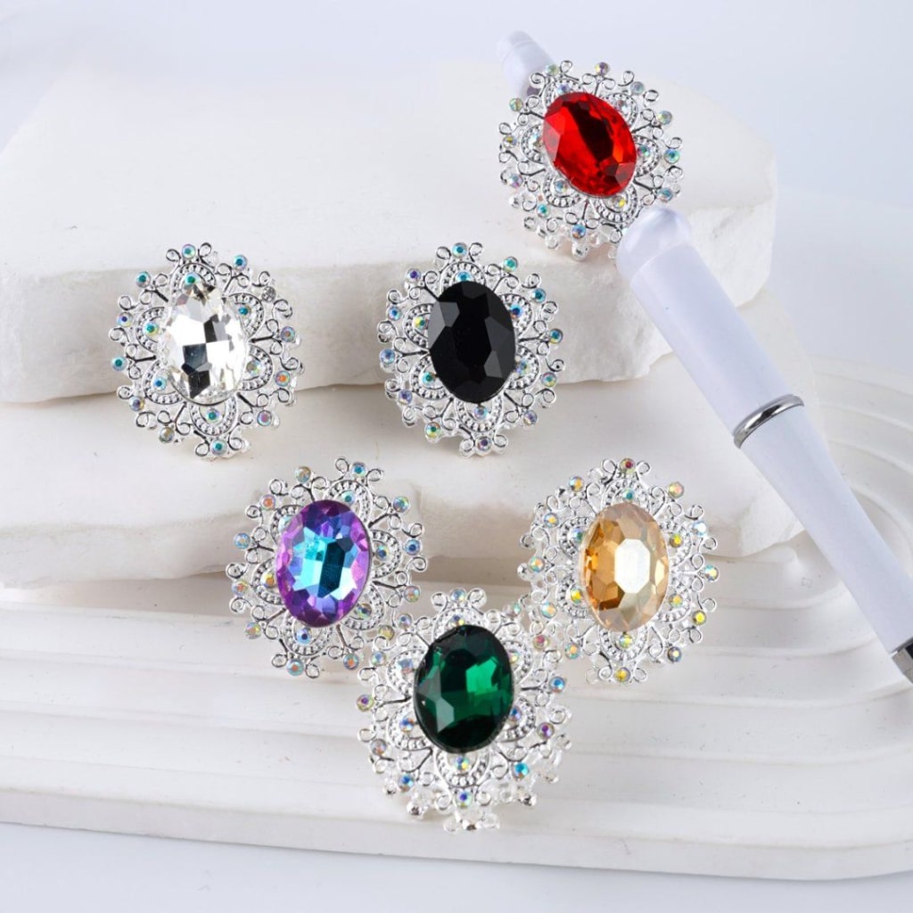 Delicate Gold & Silver Alloy Flowers with Mini AB & Large Oval Shape Rhinestones Beads, Around 32*28MM, Random Mix