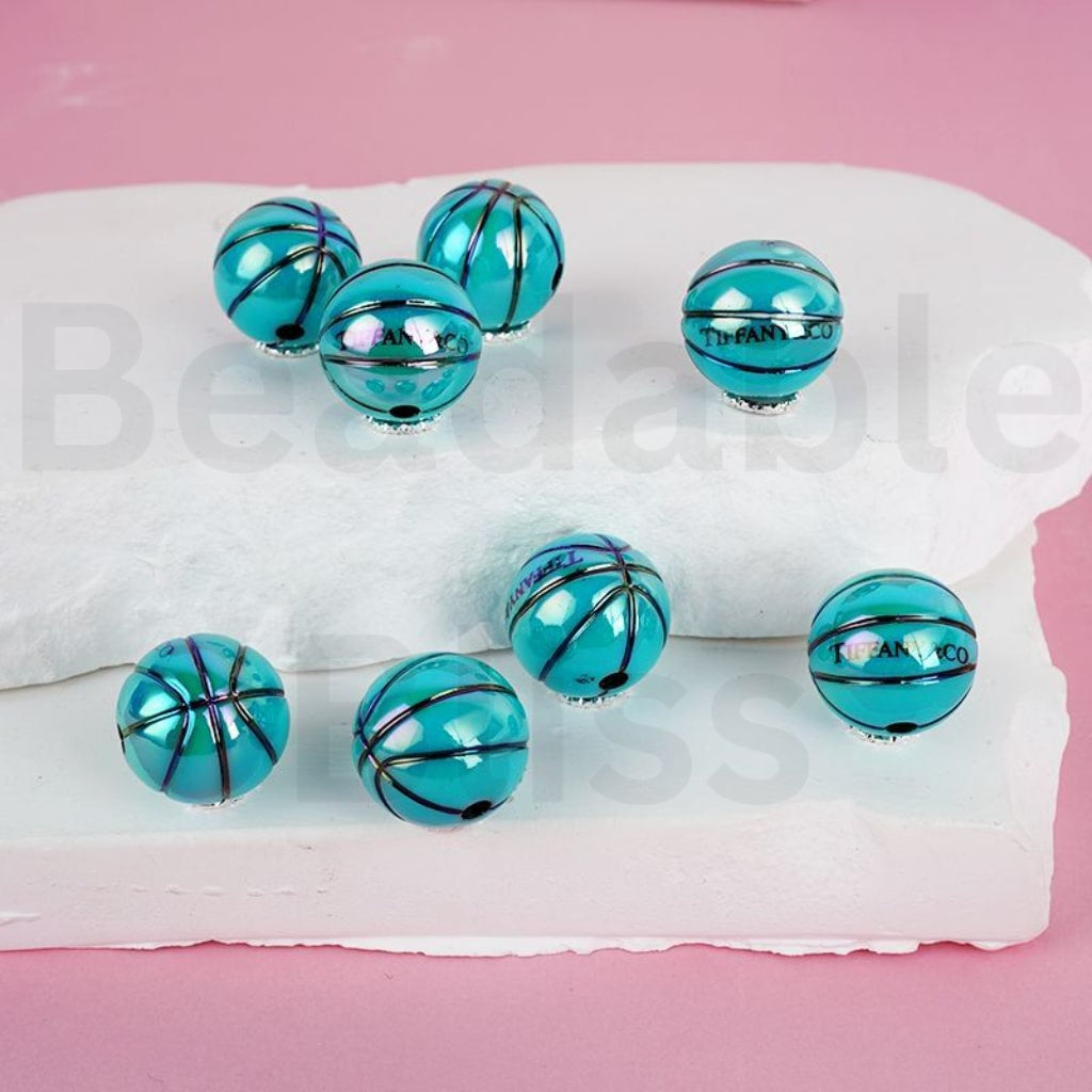 UV Coating Teal Basketball Tiffan Round Acrylic Beads, 16MM