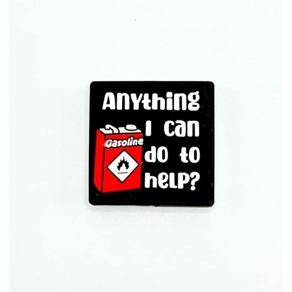 A black silicone focal bead with white text and a red and white gasoline container graphic