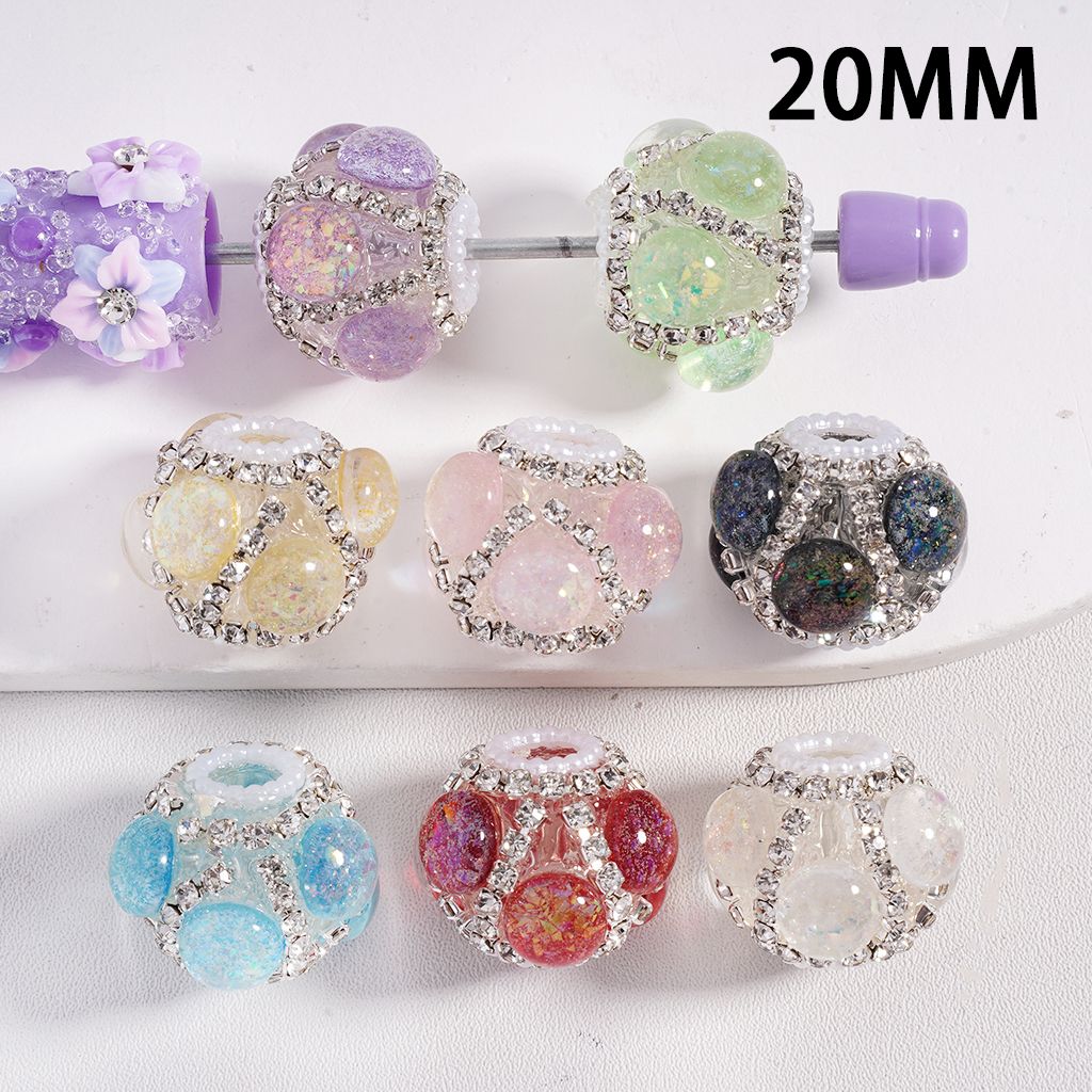 Acrylic Beads Round Pearls Shiny Flakes Inside Clear Rhinestones Chains White Pearls Loop, 20MM, Random Mix