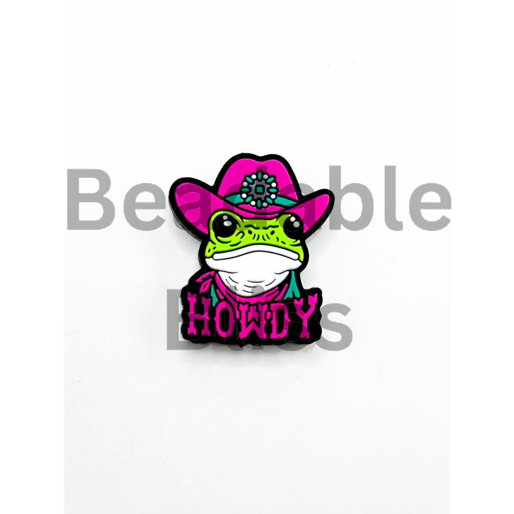 Frog wearing a pink cowboy hat and bandana with text on a white background