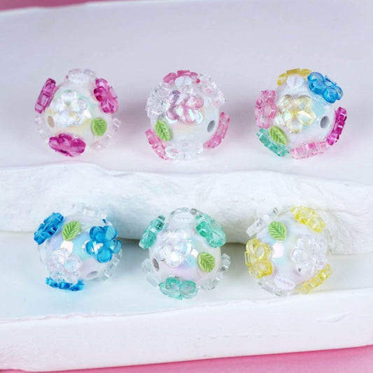 Round White Acrylic Beads with Translucent Flowers & Leaves, Cute Floral Design, 16MM