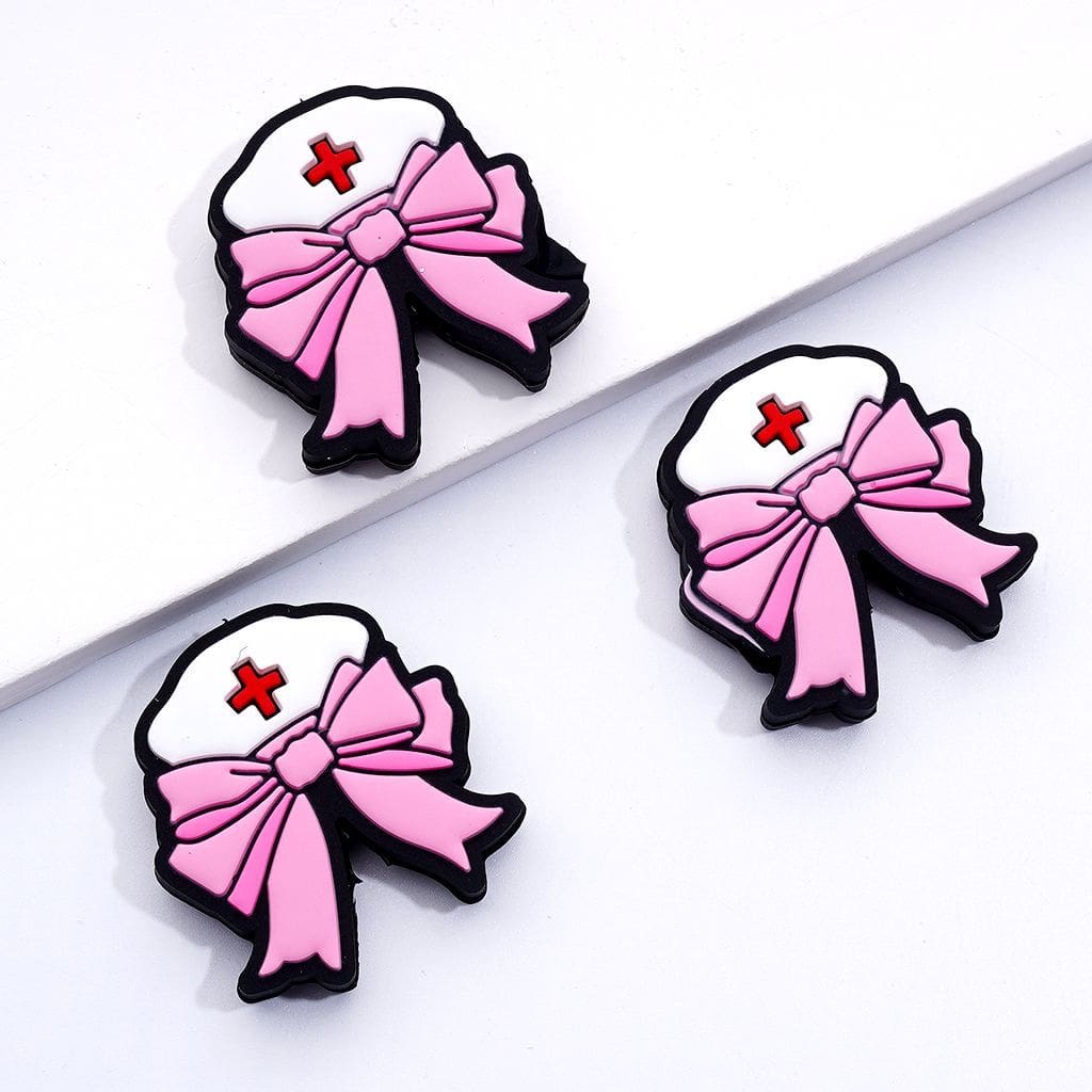 White Nurse Hat with Purple Teal Pink Bowtie Silicone Focal Beads