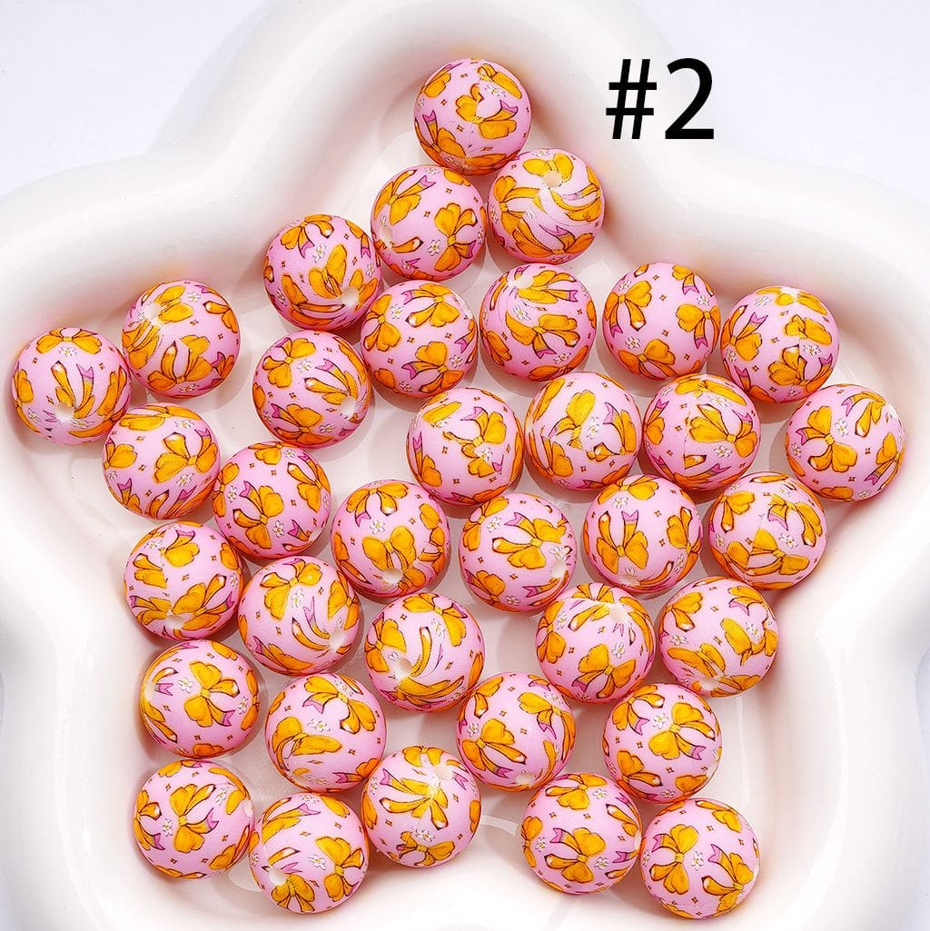 Printed Silicone Round Beads with Yellow Pencil Bowknot Flower Teacher, Pink 15MM