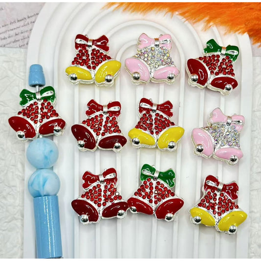 繊細なシルバーカラー合金ウィンドチャイムベル、蝶結びの光沢のあるラインストーン、ランダムミックス、約25×27MM