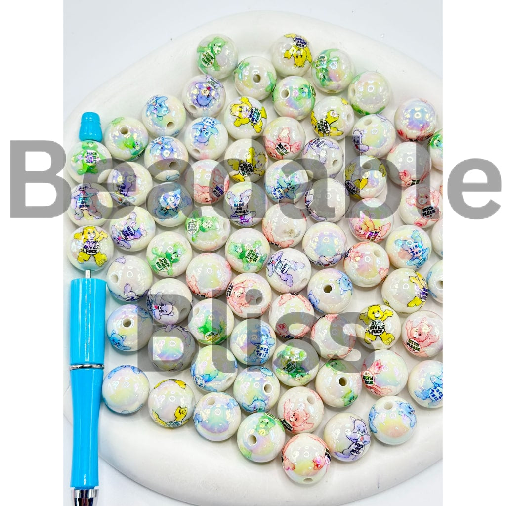Dirty Talking Rainbow Bears Print Round Acrylic Beads 16mm