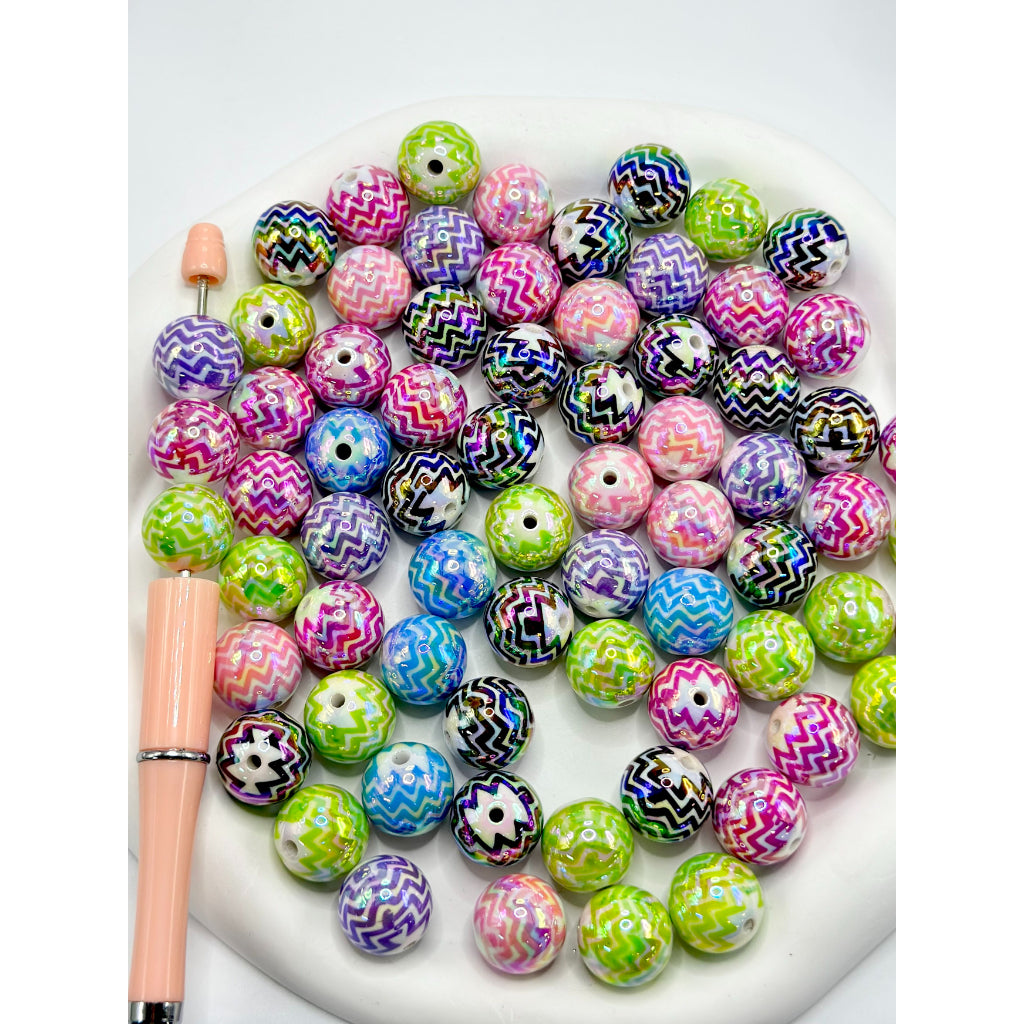 ホワイトUVコーティングアクリルビーズ、無地ウェーブストライププリント、ランダムミックス、16MM