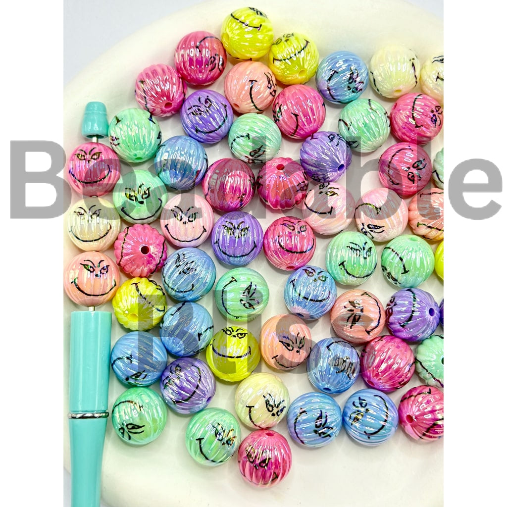 UV Coating Green Character Face Pumpkin Round Acrylic Beads, Random Mix, 16MM