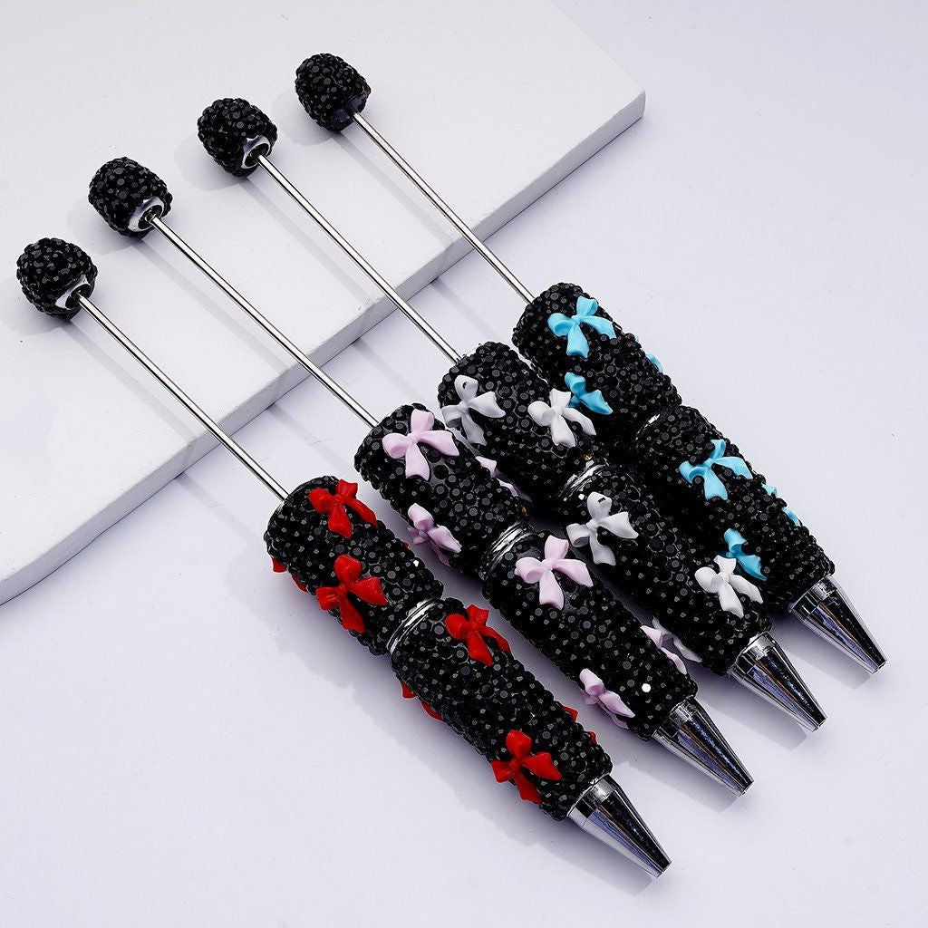 Beadable Pen with Black Rhinestones Pink Red Blue White Clay Bowties