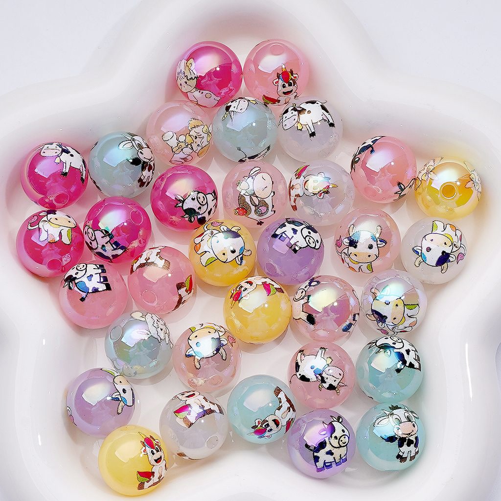 Acrylic Beads UV Coating Baby Cow Prints Jelly Color, 16MM, Random Mix