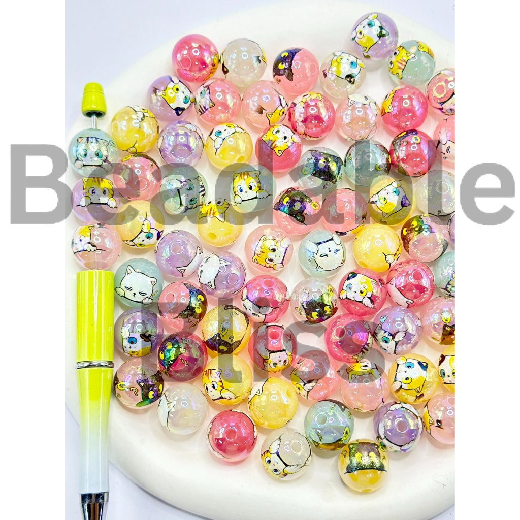 かわいい子猫のゼリーカラーラウンドアクリルビーズ、ランダムミックス、16MM