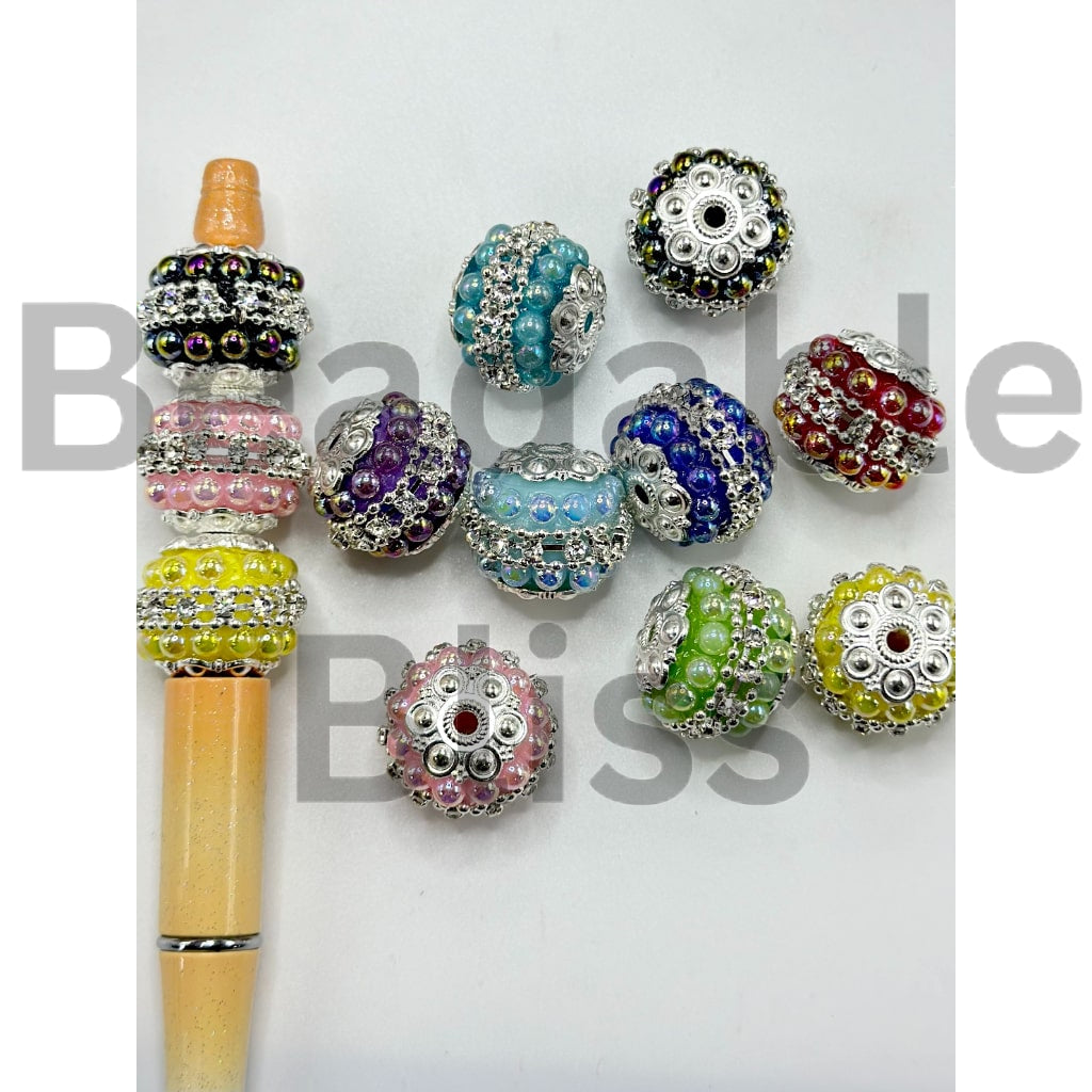 ファンシーシルバー合金フラワーパールクリアラインストーンチェーンアクリルビーズ、ランダムミックス、18×17MM