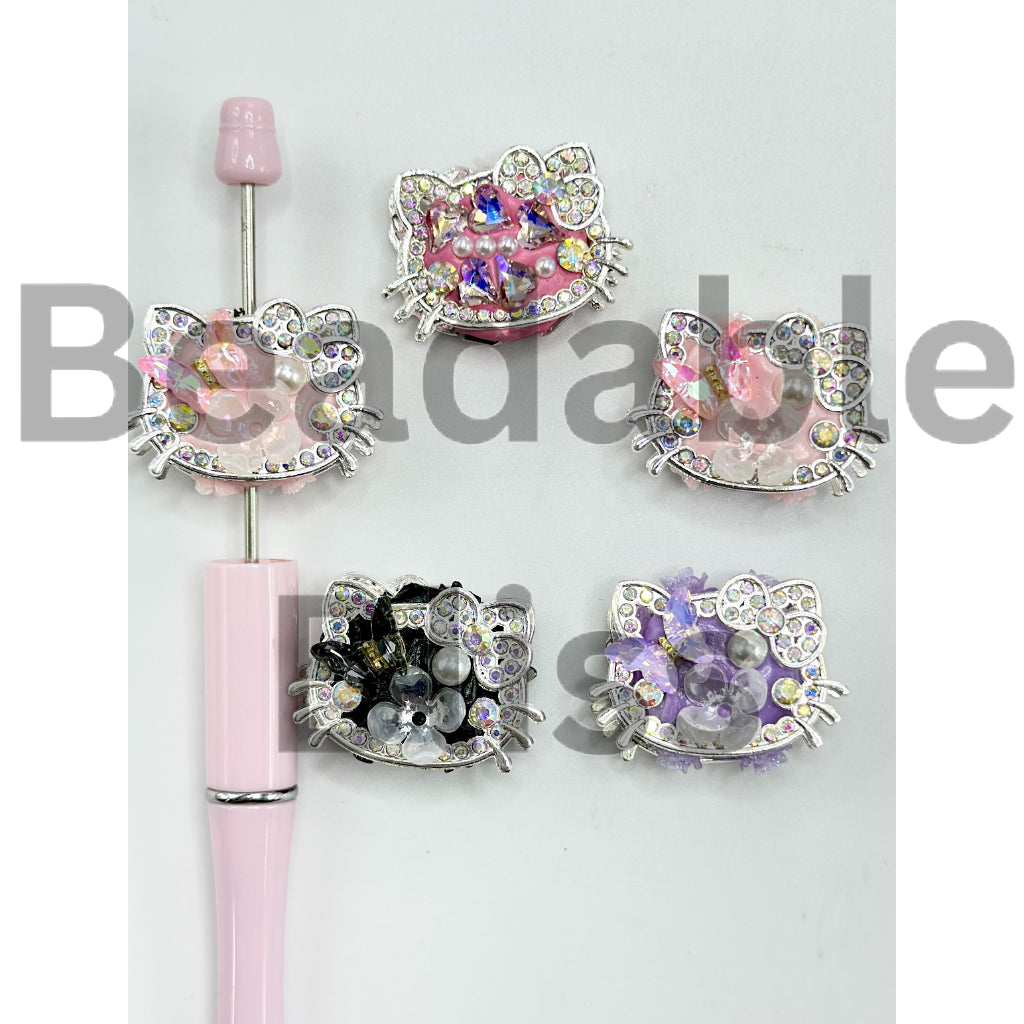 Cute Colorful Clay Beads Cat Head with Crystal Rhinestones and Pearls cat character, 32*23MM