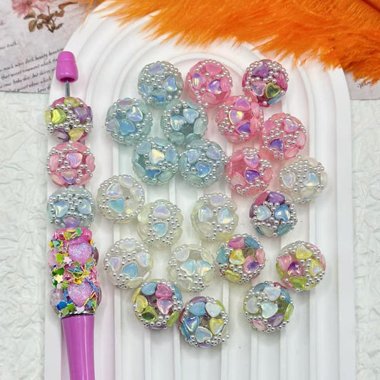 Bling Bling Heart Rhinestones White Pearls on Clear Round Acrylic Beads, Random Mix, 17MM ( The Heart is Plastic Material)