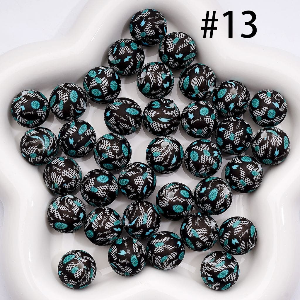 Printed Silicone Round Beads with Black White Grid Bowknot Teal Flower, Black 15MM