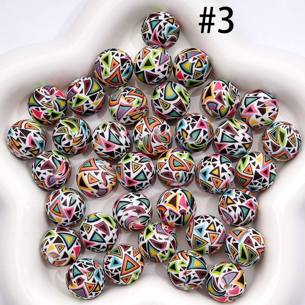 Printed Silicone Round Beads with Multi-Color Abstract Triangle Designs , White 15MM