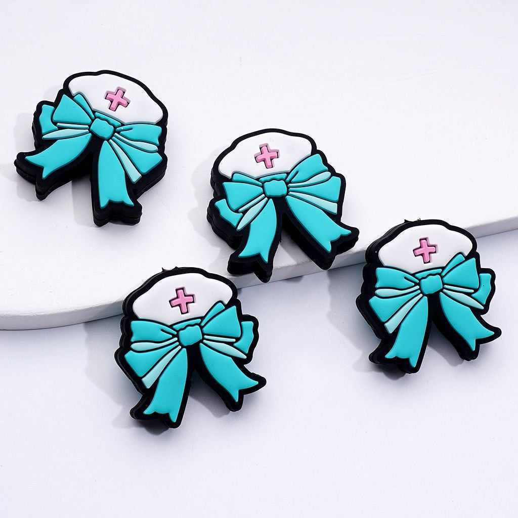 White Nurse Hat with Purple Teal Pink Bowknots Silicone Focal Beads
