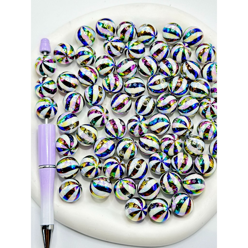 UV Coating Round Acrylic Beads with Black Red Green Crooked Stripes, 16MM