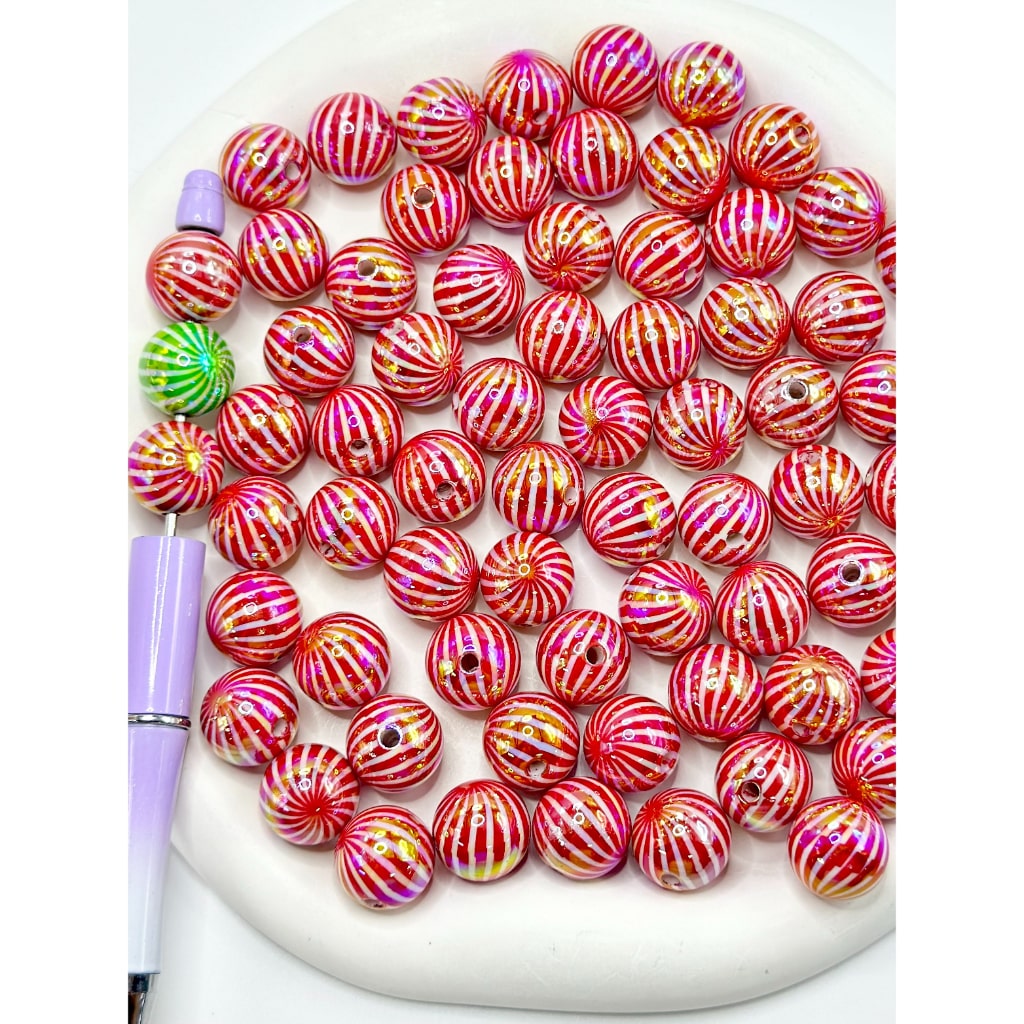 UV Coating Round Acrylic Beads with Red Green Crooked Stripes, 16MM
