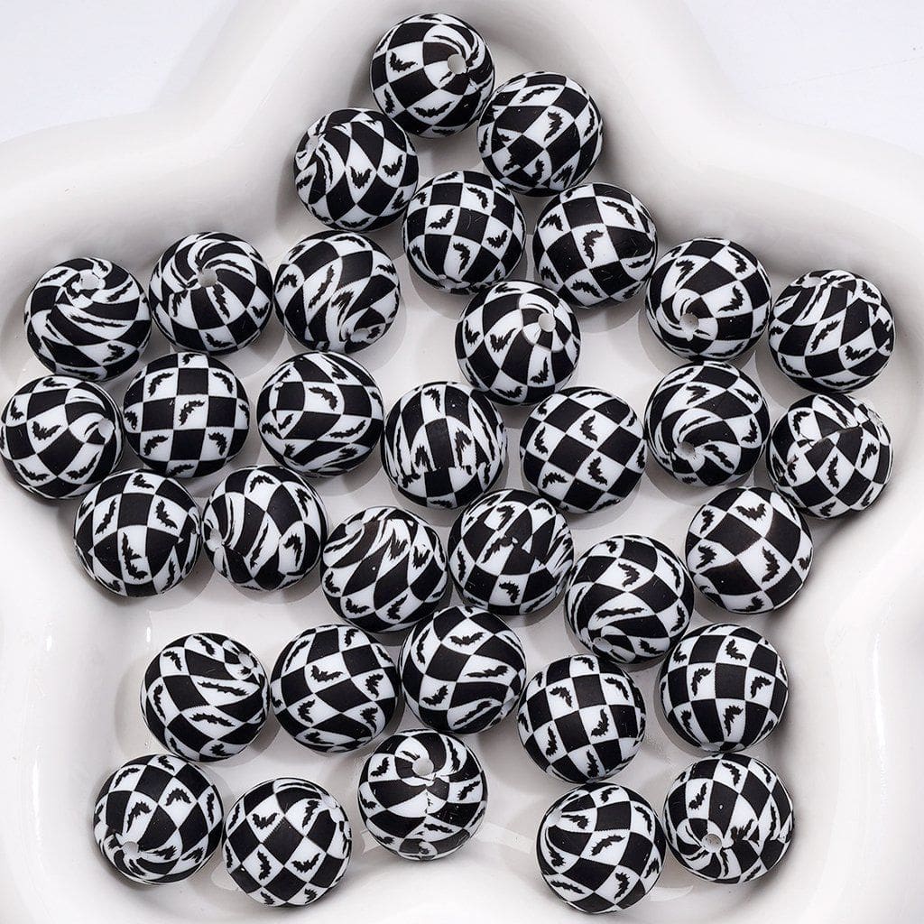 Halloween Bat Black White Checkered Printed Silicone Beads 15MM, Number Z-00275