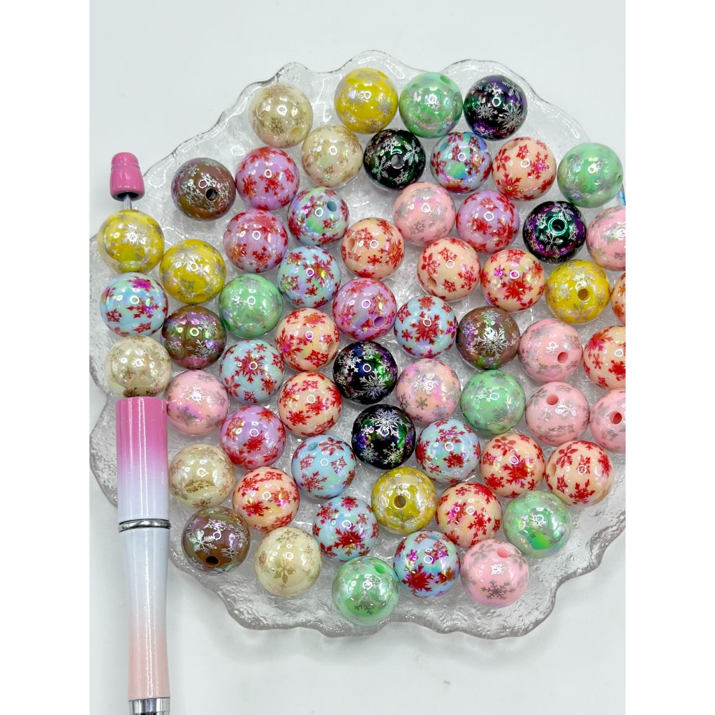 ファンシースノーフラワープリントラウンドアクリルビーズ、ランダムミックス、16MM