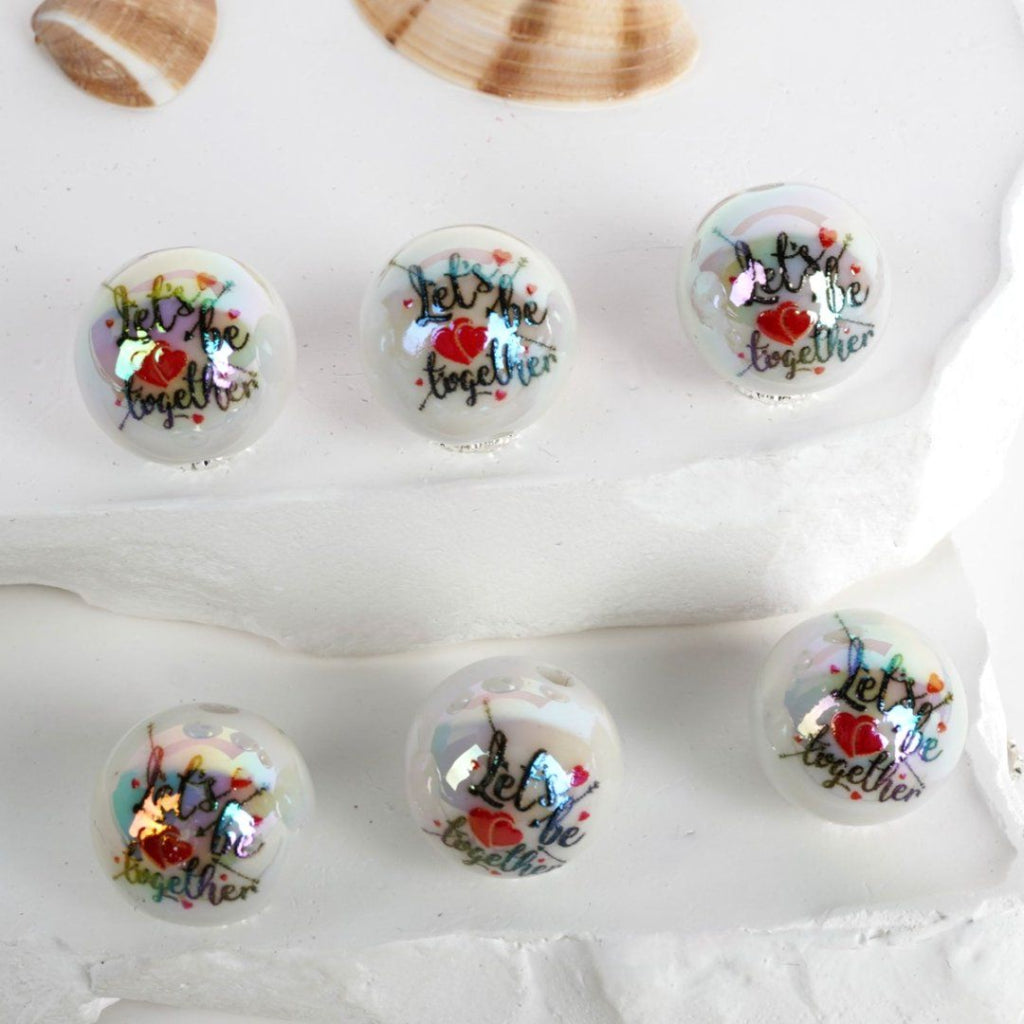 UV Finish Let's Be Together Red Heart Love Valentine's Day White Round Acrylic Beads, 16MM