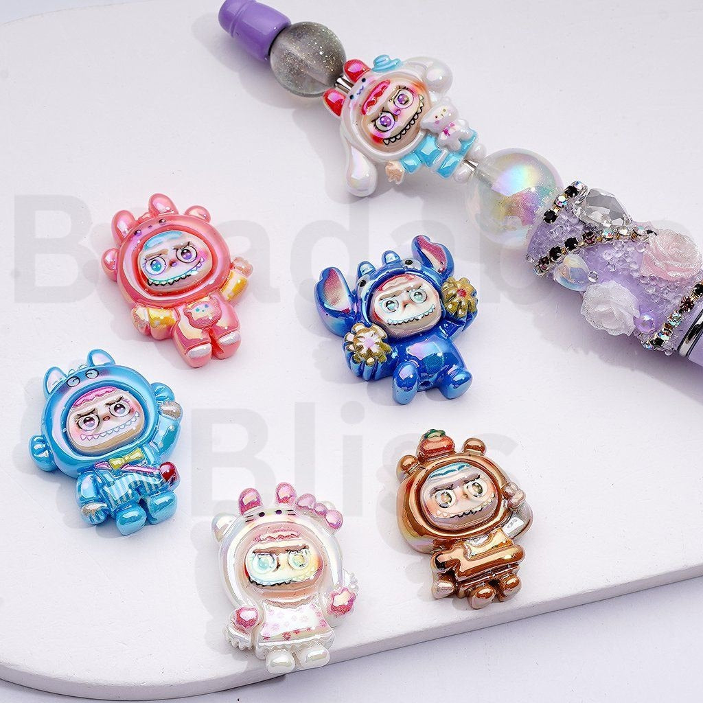 UV Coating Cute Stitc Cinnamonrol HK Kitten Cartoon with Labub Face Acrylic Beads, 21*25MM, Random Mix
