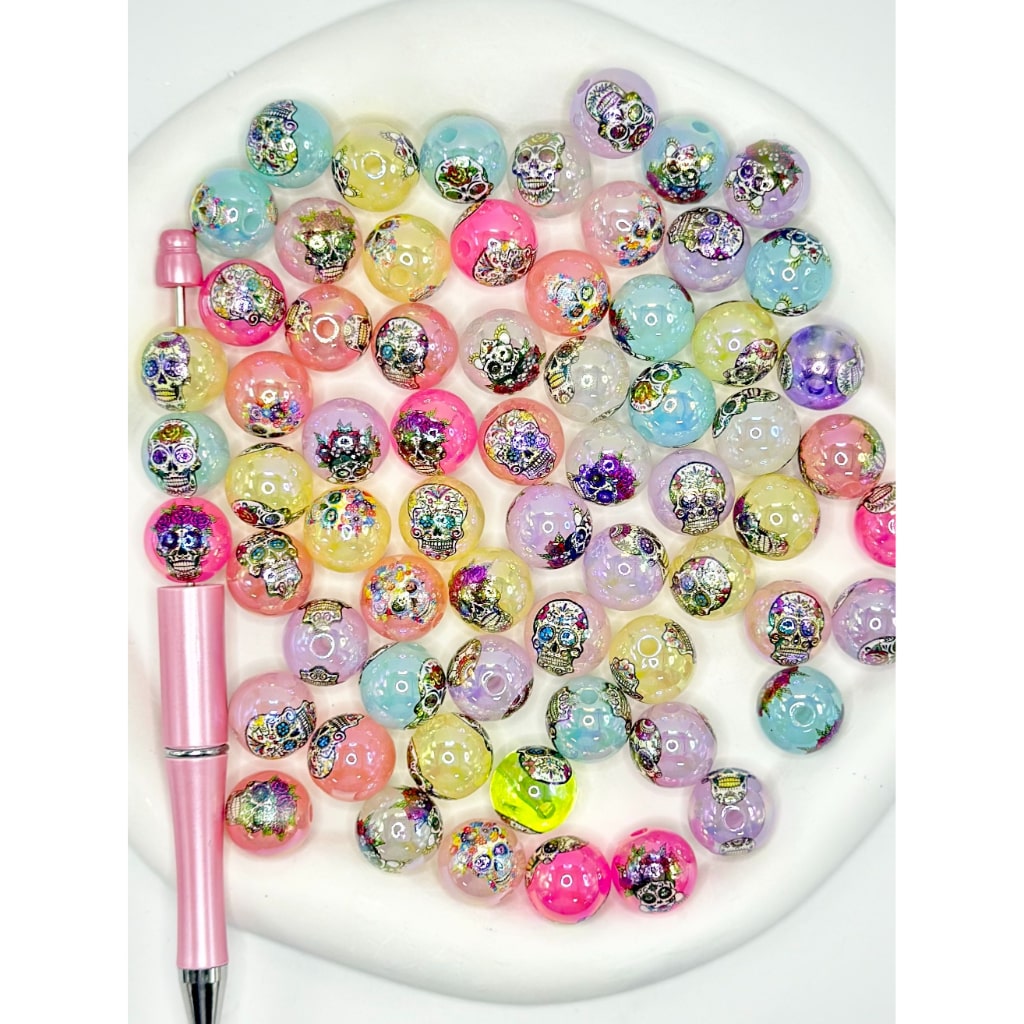 Skeleton Head with a Painted Face Round Acrylic Beads, Random Mix, 16MM