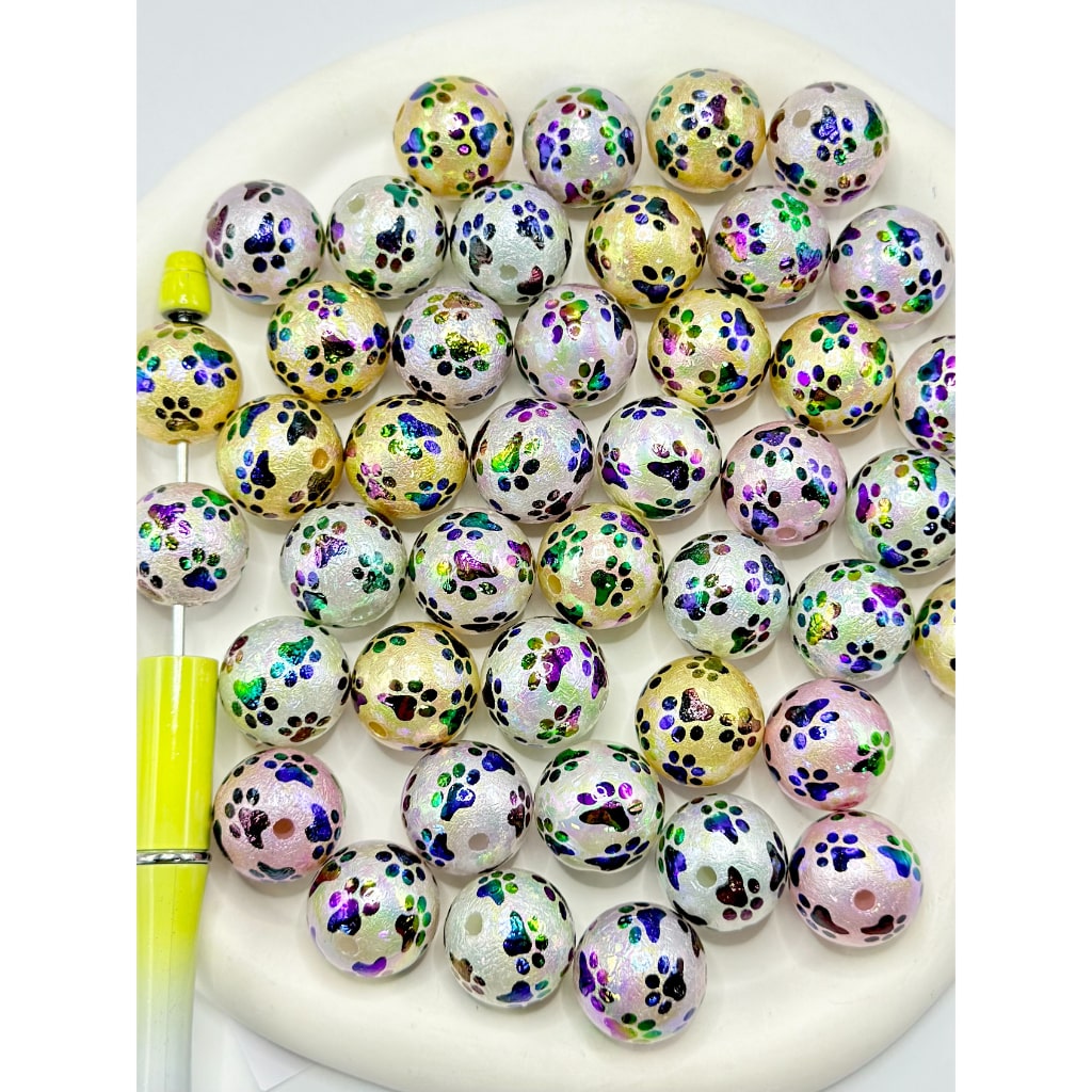 UVコーティング 足跡プリント ラウンドアクリルビーズ ランダムミックス 20mm