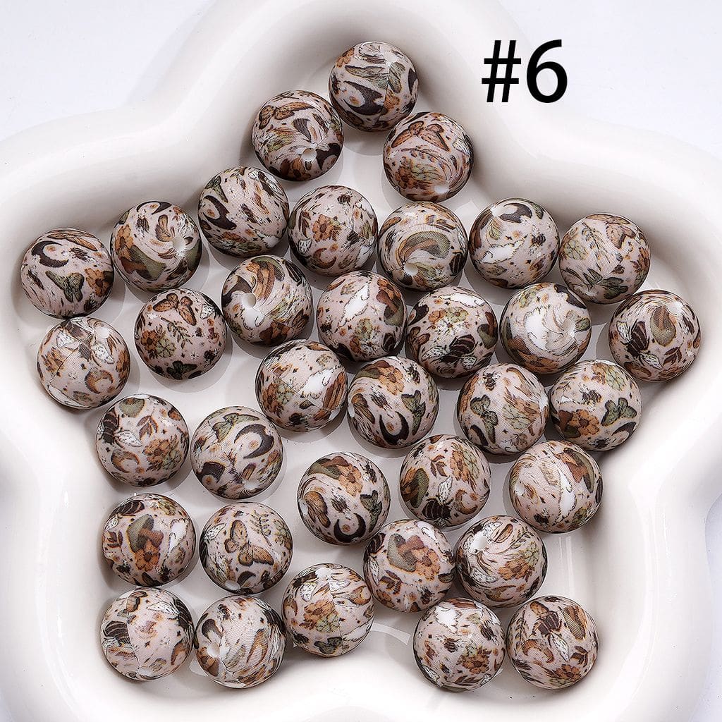 Printed Silicone Round Beads with Butterfly Flower Bee Mushroom Moon Plant Leaves, 15MM