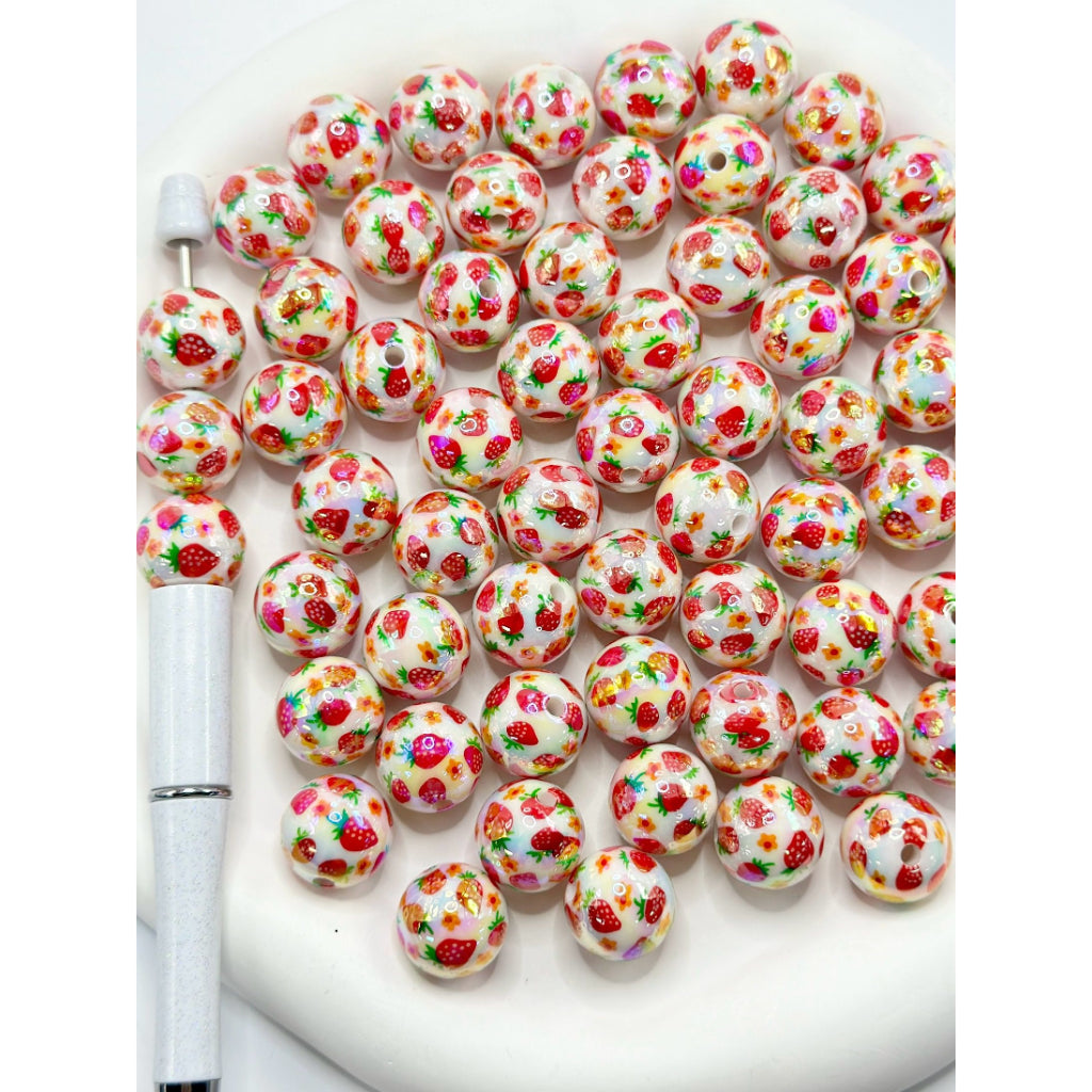 White UV Coating Acrylic Beads with Strawberry and Flower Prints, Random Mix, 16MM, Sale for Whole Bag Only (200pcs)