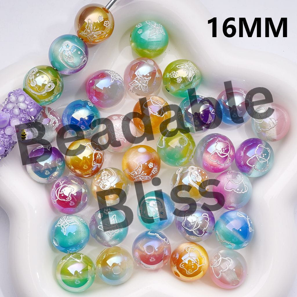Acrylic Beads for Bracelets Dazzling Double Color Cat Eye Style White Animal Portrait Prints, 16MM, Random Mix