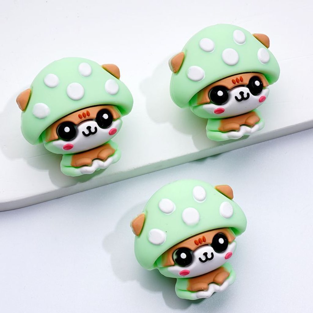 3D Cute Puppies Dogs Animal with Mushroom Hats Caps Silicone Focal Beads